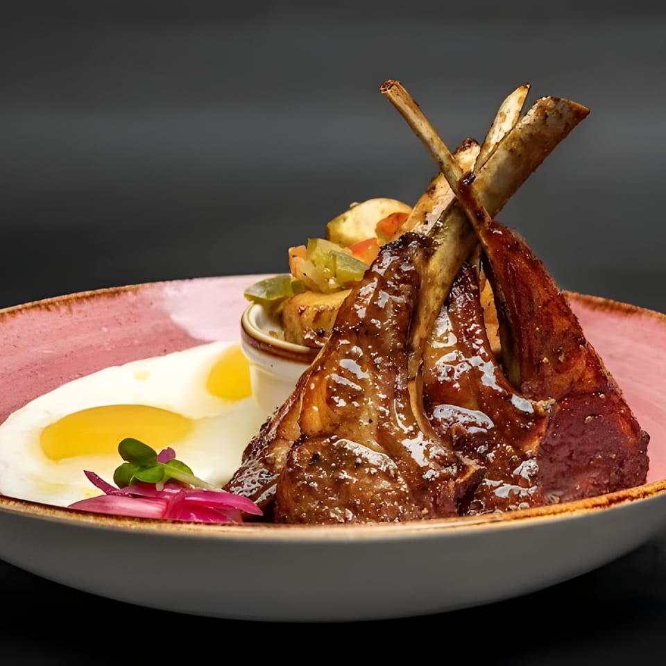 Just Brunch lamb chops with fried eggs, roasted potatoes, and pickled onions on a pink plate.