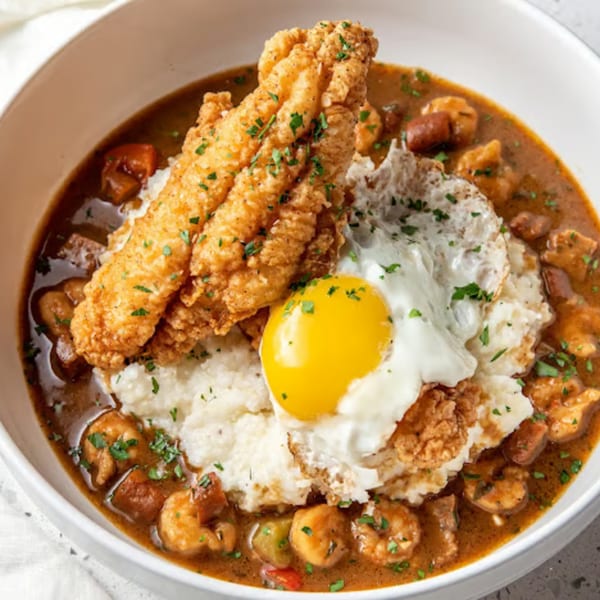 Just Brunch's shrimp and grits with fried fish and a sunny-side-up egg in a white bowl.