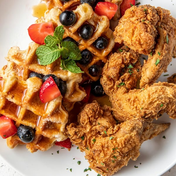 Just Brunch's chicken and waffles, topped with berries, mint, and syrup on a white plate.