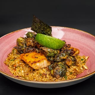 Peach Glazed Salmon with Crab Fried Rice