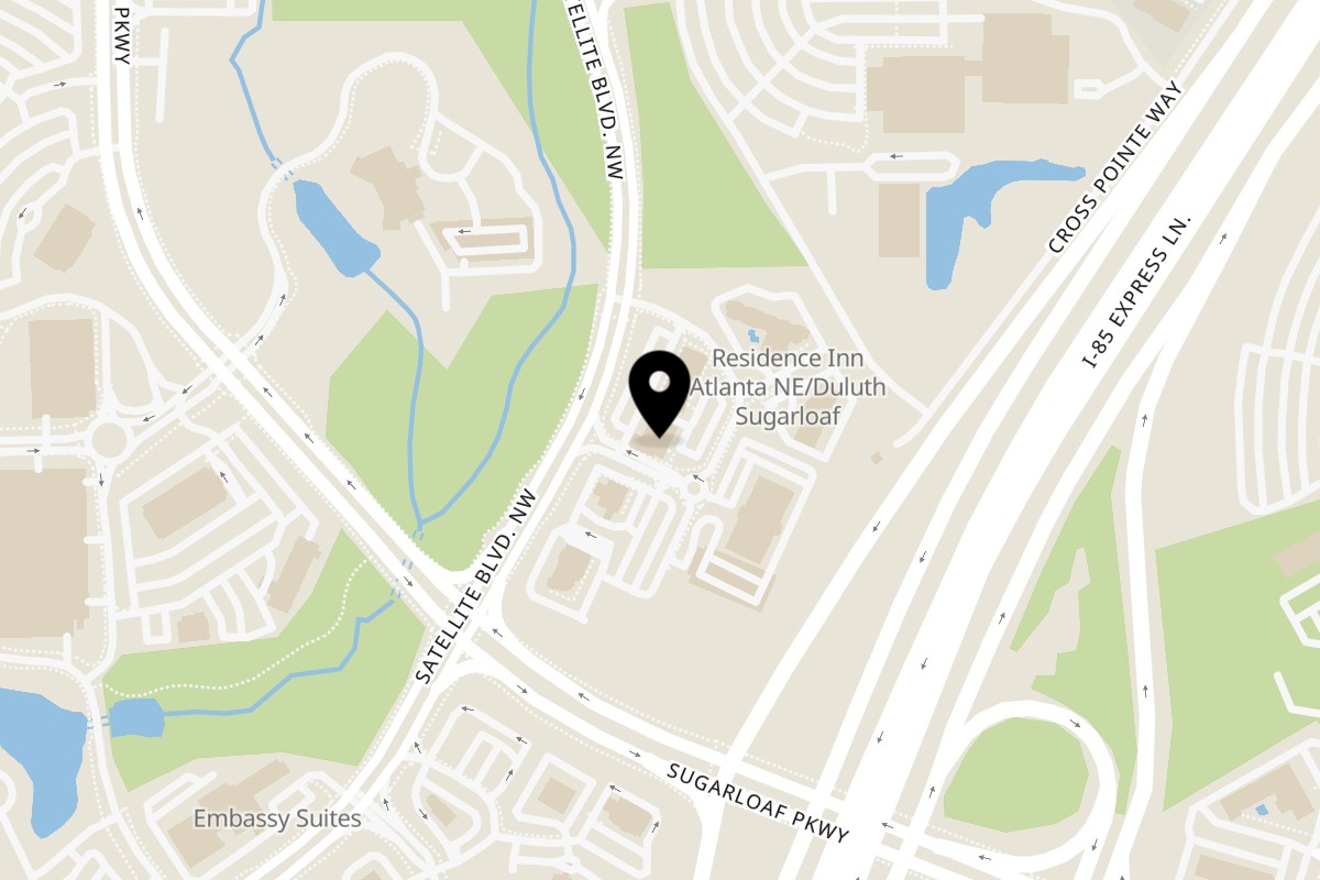 Map showing the location of Just Brunch on 1950 Satellite Boulevard in Duluth